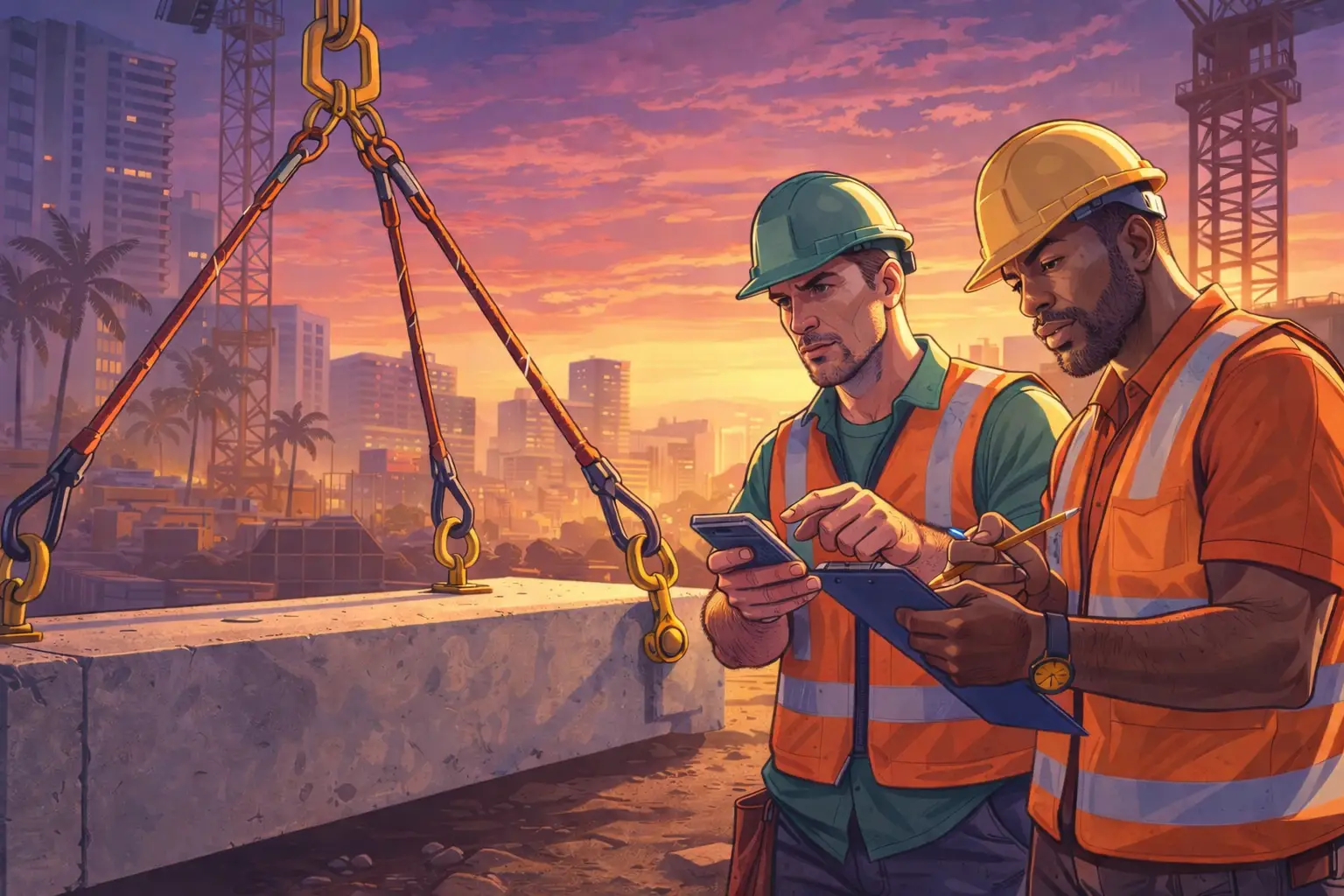 Two riggers checking sling angle calculations before lifting a concrete load with chain slings during a crane lifting operation on a construction site.