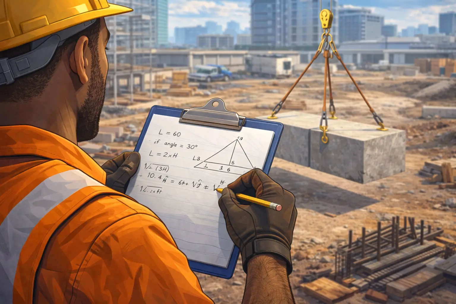 Rigger calculating sling angles and lift geometry on a clipboard while planning a crane lift with a concrete load on a construction site.