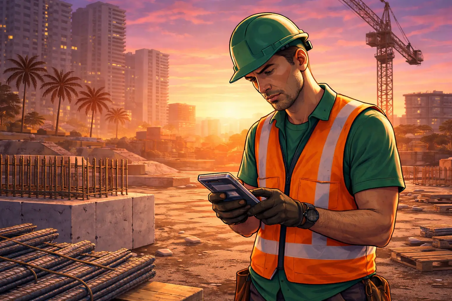Construction worker checking lifting calculations on a calculator at a building site, representing sling angle calculations used in rigging and dogging operations.