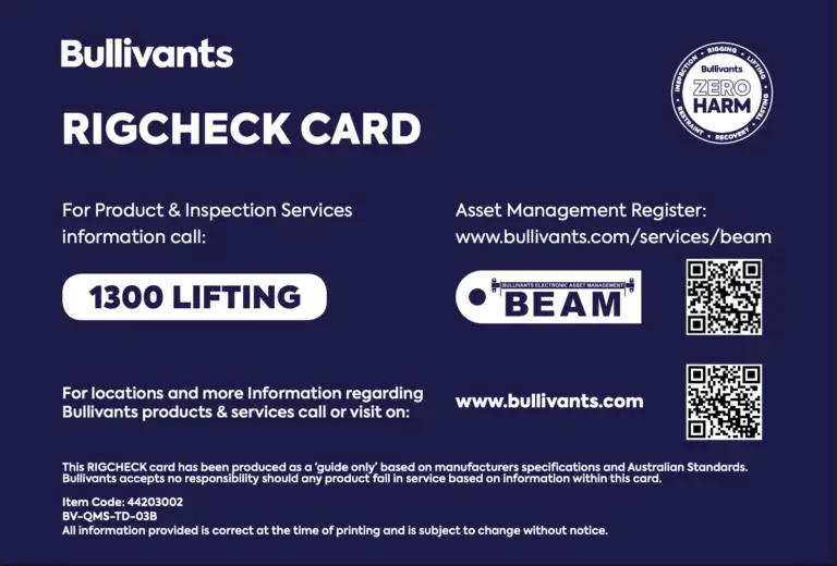 Bullivants RigCheck card used as a reference guide for lifting equipment inspection and rigging safety based on Australian Standards.