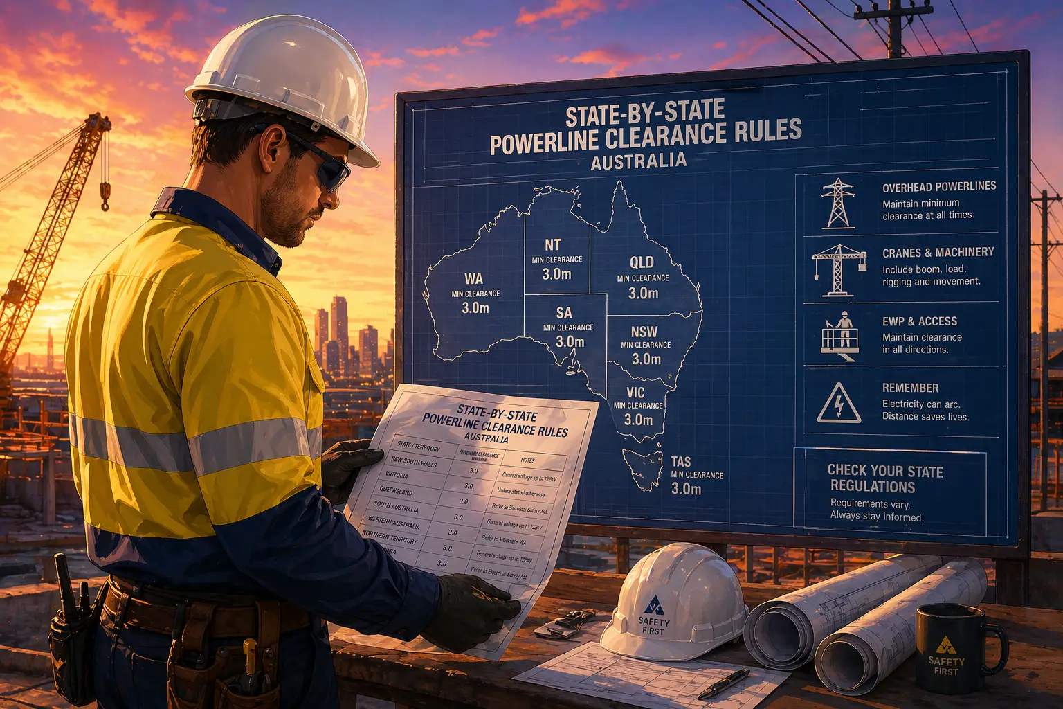 Construction worker reviewing Australian state powerline clearance rules on blueprint board