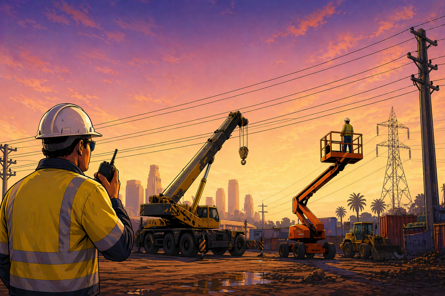 Crane and EWP operating near powerlines with spotter ensuring safe clearance distances