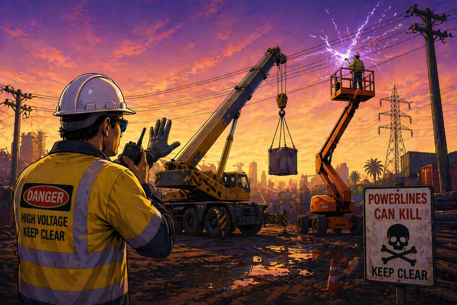 Spotter signalling crane and EWP operator as electrical arc occurs from overhead powerlines on construction site