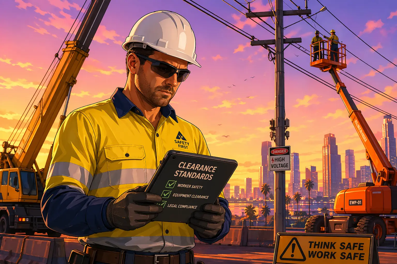 Construction supervisor checking powerline clearance distances on tablet near crane and overhead powerlines at sunset