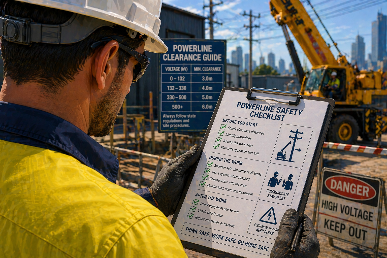 Over shoulder view of worker completing powerline safety checklist near crane and overhead lines