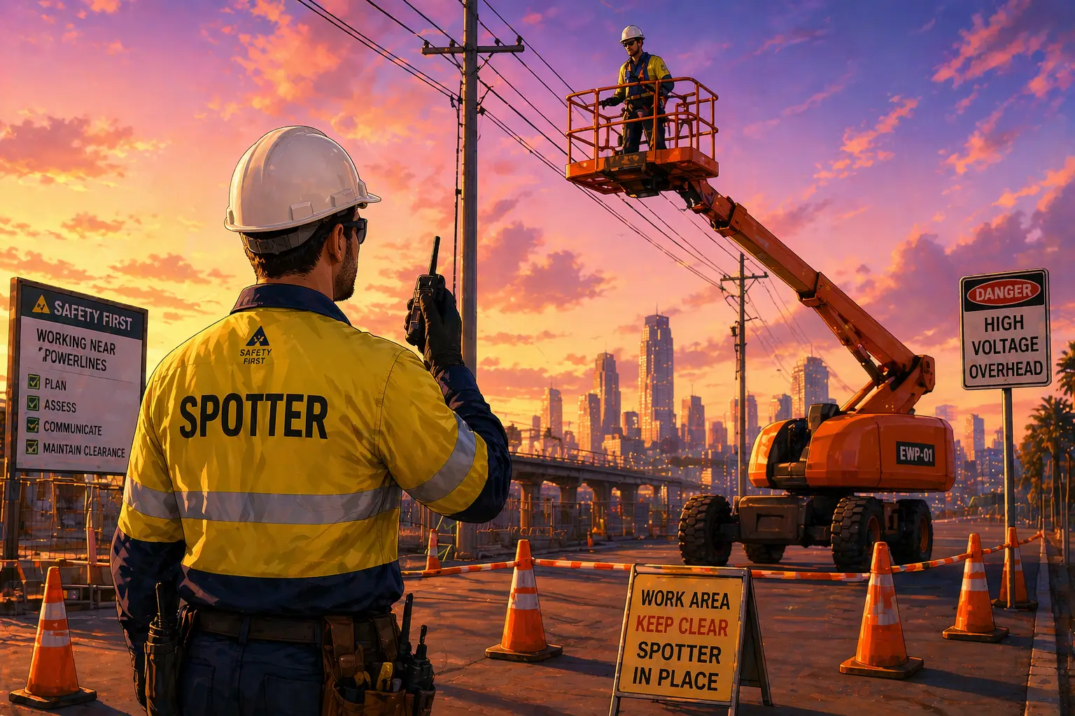 Spotter using radio guiding EWP operator working near overhead powerlines with safety cones