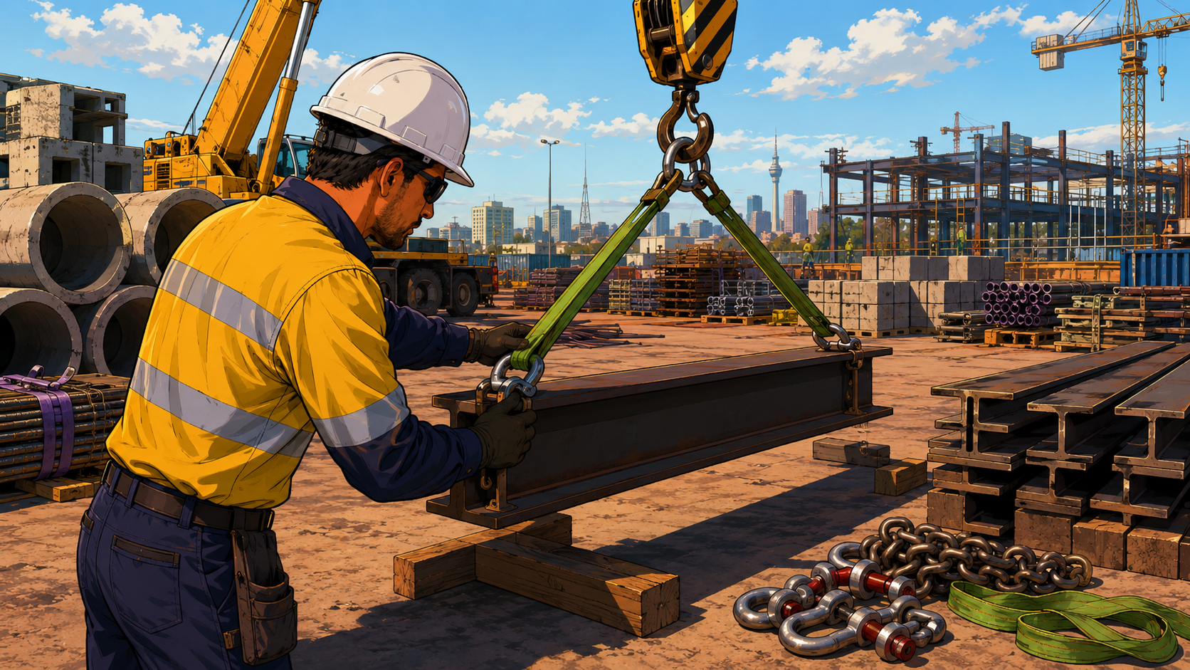 Construction worker guiding a two-leg sling setup on a steel beam surrounded by concrete pipes, blocks, beams, chains and rigging gear.