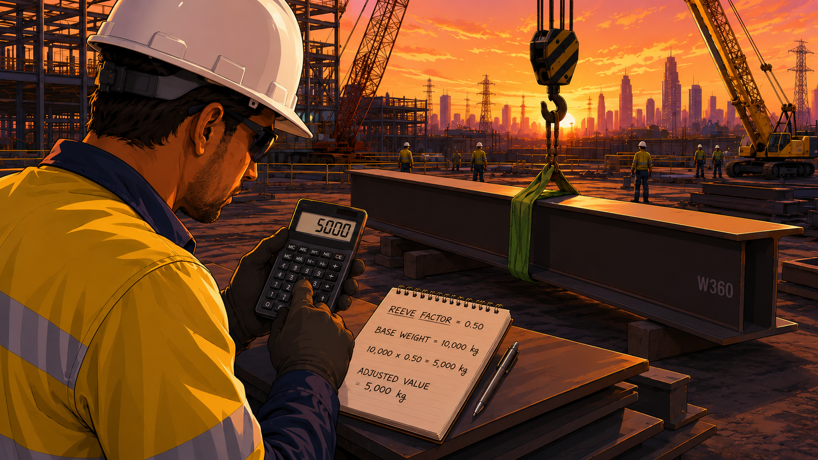 Construction worker using a calculator beside a notepad showing a 0.50 reeve factor calculation for a steel beam lift with a green sling attached.