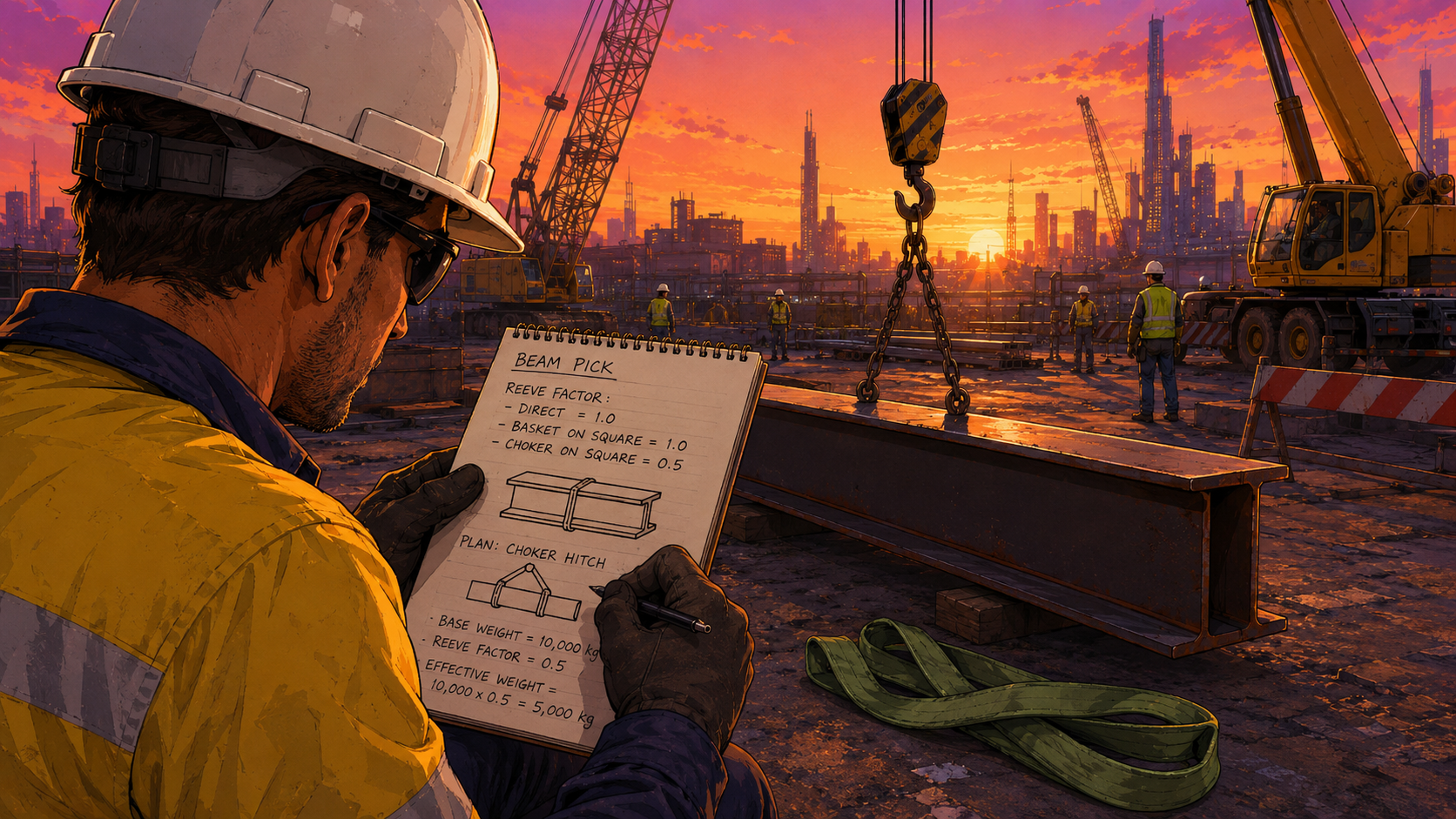 Construction worker reviewing a notepad with reeve factor calculations while a green sling is set up as a choker hitch on a steel beam.
