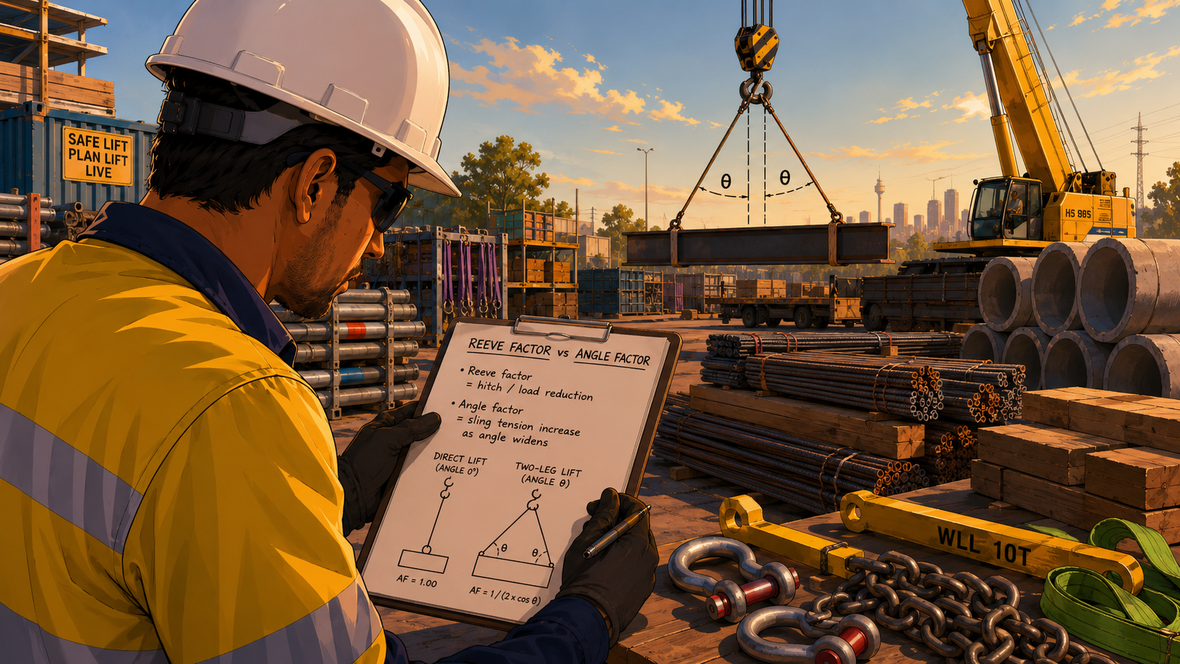 Construction worker comparing reeve factor and angle factor notes on a clipboard while a crane lifts a beam with angled slings in a materials yard.