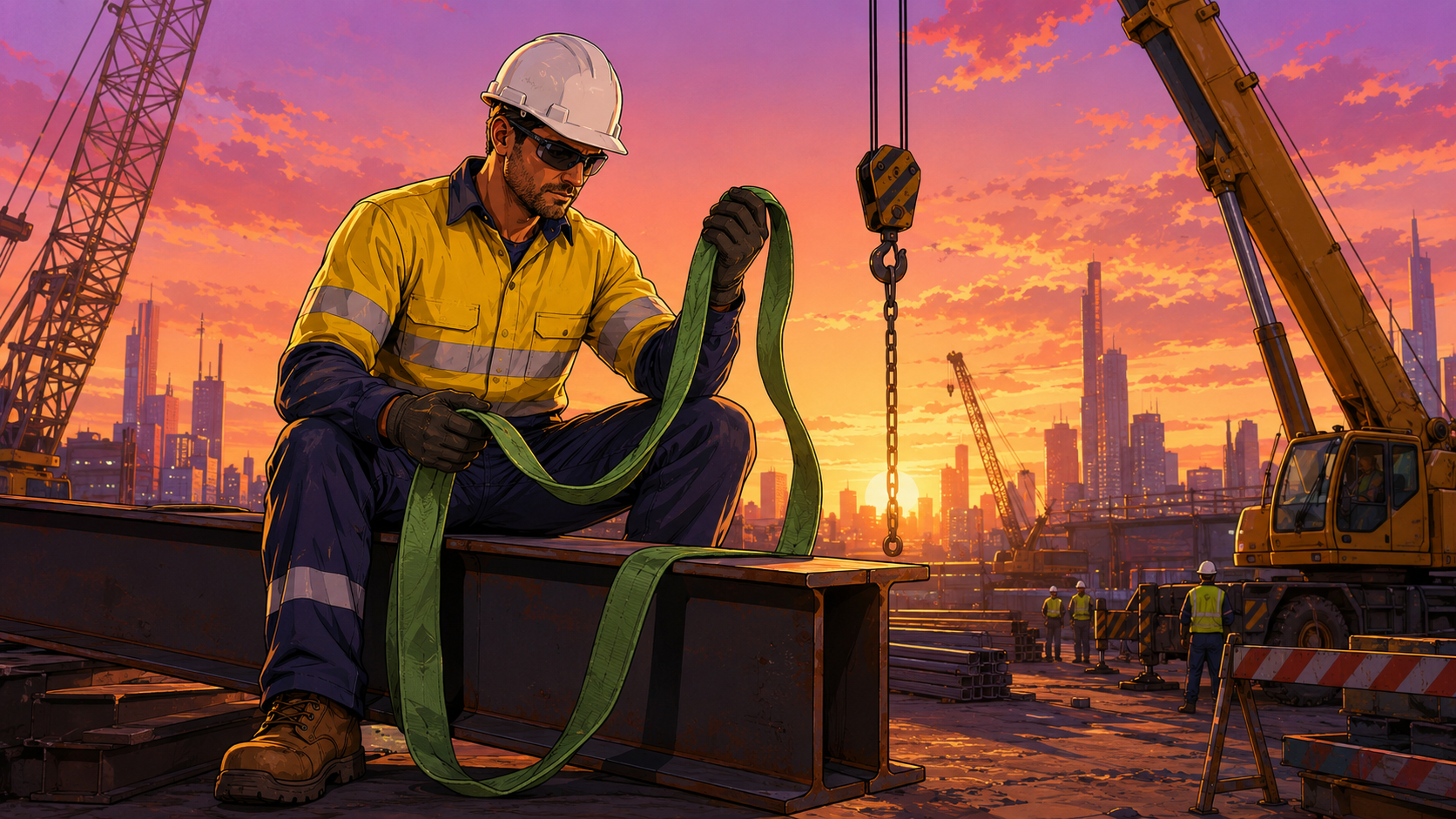 Construction worker sitting on a steel beam holding a green lifting sling while planning how sling configuration affects reeve factors before a crane lift.